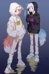  2girls absurdres ahoge animal_ears bandaid bandaid_on_knee bandaid_on_leg black_hoodie blue_hair blue_tail closed_mouth commentary_request drawstring fox_ears fox_girl fox_tail frogsnake full_body gradient_background hands_in_pocket highres himehina_channel hood hood_up hoodie long_sleeves looking_at_viewer loose_socks multicolored_hair multiple_girls open_mouth pink_hair pink_tail ribbed_socks ripples shoes short_hair sneakers socks standing streaked_hair suzuki_hina tail tanaka_hime translation_request violet_eyes white_hair white_hoodie white_shoes 