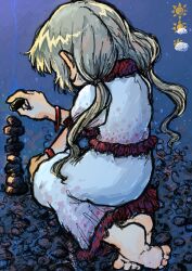  1girl barefoot blonde_hair bracelet commentary_request dade_ne ebisu_eika from_behind highres holding holding_rock jewelry kneeling long_hair one-hour_drawing_challenge pebble rock rock_balancing short_sleeves solo touhou 