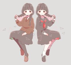  2girls :o black_hair black_pantyhose black_sailor_collar black_serafuku black_shirt black_shoes black_skirt blunt_bangs blush_stickers braid bright_pupils brown_shoes brown_sweater_vest closed_mouth commentary_request full_body grey_background highres invisible_chair long_hair long_sleeves multiple_girls neckerchief necktie nishida_yume open_mouth original pantyhose pleated_skirt red_eyes red_neckerchief red_necktie sailor_collar school_uniform serafuku shirt shoes simple_background sitting skirt smile socks sweater_vest twin_braids white_pupils white_socks 