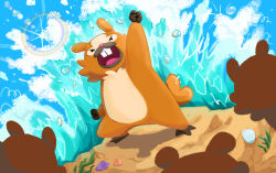  arm_up bidoof black_eyes blue_sky commentary cracklewink english_commentary highres lens_flare no_humans open_mouth outdoors pokemon pokemon_(creature) rock sky water_drop waves 