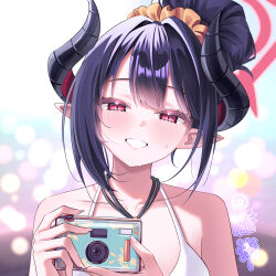 1girl absurdres artist_name bikini black_hair black_horns blue_archive blurry blurry_background bokeh breasts camera chiaki_(blue_archive) chiaki_(swimsuit)_(blue_archive) commentary_request curved_horns demon_horns depth_of_field digital_camera grin hair_bun hair_ornament hair_scrunchie halo highres holding holding_camera horns jewelry looking_at_viewer multicolored_horns necklace official_alternate_costume official_alternate_hairstyle orange_scrunchie pointy_ears portrait purple_hair qiye_jiexian red_eyes red_halo red_horns scrunchie smile solo swimsuit two-tone_horns variant_set watermark white_bikini 