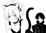  1girl animal_ears bell blush cat_ears cat_tail collar darker_than_black hei jingle_bell looking_at_viewer mask monochrome paw_pose peko ribbon short_hair simple_background tail thumbs_up white_background yin 