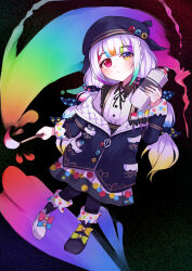  1girl absurdres asymmetrical_footwear barumukuchen beret black_hat black_jacket black_pantyhose black_shoes blue_bow bow closed_mouth collared_shirt colored_tips contrast_collar footwear_bow full_body green_bow hair_bow hat heterochromia highres holding holding_paintbrush holding_spray_can jacket jacket_partially_removed jogasaki_noah long_hair long_sleeves looking_at_viewer mahou_shoujo_no_majo_saiban mismatched_footwear multi-tied_hair multicolored_eyes multicolored_hair neck_ribbon off_shoulder paintbrush painting_(action) pantyhose polka_dot polka_dot_bow polka_dot_skirt red_bow red_eyes ribbon shirt shoes skirt sleeve_bow solo spray_can standing streaked_hair white_hair white_shirt white_shoes yellow_bow yellow_eyes 