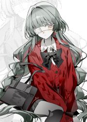  1girl absurdres alternate_costume bandage_over_one_eye bandages beat5727 bow bowtie breasts casual closed_mouth earrings green_eyes green_hair highres jewelry long_hair looking_at_viewer phrolova_(wuthering_waves) red_sweater small_breasts solo sweater wuthering_waves 