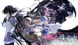  5girls aiming akemi_homura akemi_homura_(magical_girl) apple artist_name back_bow bilibili_logo bilibili_username bitten_apple black_gloves black_hair black_hairband black_hat black_thighhighs blonde_hair blue_eyes blue_hair blue_skirt bow breasts cape chinese_commentary closed_mouth commentary_request dress drill_hair fingerless_gloves food food_bite fortissimo from_above from_side fruit geezhii gloves grey_skirt gun hair_ornament hairband hand_on_own_hip hand_on_weapon hat highres holding holding_food holding_fruit holding_gun holding_weapon holy_quintet kaname_madoka kaname_madoka_(magical_girl) long_hair long_sleeves looking_at_viewer magical_girl magical_musket_(madoka_magica) mahou_shoujo_madoka_magica mahou_shoujo_madoka_magica:_hangyaku_no_monogatari miki_sayaka miki_sayaka_(magical_girl) mitakihara_school_uniform multiple_girls musical_note musical_note_hair_ornament open_mouth pink_dress pink_hair ponytail purple_eyes red_dress red_eyes red_hair sakura_kyoko sakura_kyoko_(magical_girl) school_uniform shirt short_hair simple_background skirt sleeveless sleeveless_dress soul_gem_(madoka_magica) strapless string sword thighhighs tomoe_mami tomoe_mami_(magical_girl) twin_drills twitter_username twitter_x_logo very_long_hair weapon white_background white_bow white_cape white_gloves white_shirt white_thighhighs yellow_eyes yellow_skirt 