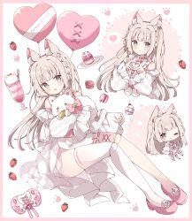 1girl :d ;) absurdres animal_ear_fluff animal_ears balloon bare_shoulders blonde_hair blush border bow cat_ears cat_girl chibi closed_mouth commentary_request commission cup doll_joints dress drinking_glass food fruit full_body green_eyes heart_balloon highres joints long_hair long_sleeves looking_at_viewer macaron multiple_views one_eye_closed open_mouth original pink_border pink_bow pink_shoes plate shoes single_thighhigh skeb_commission sleeves_past_wrists smile spoon strawberry thigh-highs tsukiyo_(skymint) white_dress white_thighhighs 