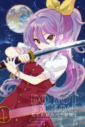  1girl belt bracelet breasts collared_shirt commentary_request dress earth_(planet) hair_ribbon highres holding holding_sword holding_weapon jewelry katana katsuragi_atori long_hair looking_at_viewer pink_belt planet ponytail purple_hair red_dress red_eyes ribbon shirt short_sleeves single_strap small_breasts solo sword touhou very_long_hair watatsuki_no_yorihime watermark weapon white_shirt 