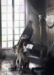  1girl absurdres arknights black_gloves black_hair black_halo black_wings broken_halo commentary detached_wings gloves halo harp highres instrument long_hair looking_at_object piano playing_instrument rainbow shirt solo sunlight tile_floor tiles very_long_hair virtuosa_(arknights) white_shirt window wings zekita 