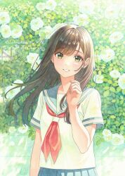  1girl arm_at_side artist_name blue_sailor_collar blue_skirt brown_eyes brown_hair commentary_request dated day floating_hair flower grin hand_up highres k.nishiyama long_hair looking_at_viewer neckerchief original outdoors painting_(medium) plant pleated_skirt red_neckerchief rose sailor_collar school_uniform serafuku shirt short_sleeves signature skirt smile solo standing straight_hair traditional_media upper_body vines watercolor_(medium) white_flower white_rose white_shirt 