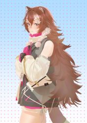  1girl absurdres animal_ears arknights bare_shoulders blush brown_hair chinese_commentary commentary_request cowboy_shot detached_sleeves freckles from_side gloves gradient_hair grey_eyes hair_between_eyes hair_ornament hand_on_own_cheek hand_on_own_face highres id_card jacket long_hair looking_at_viewer multicolored_gloves multicolored_hair multicolored_jacket pink_gloves raccoon_ears raccoon_girl raccoon_tail shi-fan_jin-jian short_shorts shorts shy sleeveless sleeveless_jacket solo tail timeslot_(arknights) two-tone_gloves two-tone_jacket wavy_mouth white_shorts 