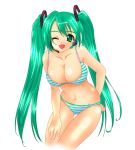  bikini green_eyes green_hair hatsune_miku headset hinoe_riho long_hair navel open_mouth shiny shiny_skin simple_background smile solo striped striped_bikini striped_swimsuit swimsuit thigh_gap twintails very_long_hair vocaloid white_background wink 