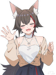  1girl animal_ears black_hair breasts cardigan closed_eyes commentary_request cowboy_shot fang hair_between_eyes hair_ornament highres hololive long_hair medium_breasts mia960 ookami_mio ookami_mio_(street) open_cardigan open_clothes open_mouth red_hair simple_background solo white_background wolf_ears wolf_girl 