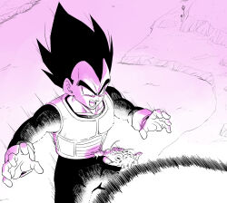  amayuki318 black_bodysuit black_hair bodysuit collarbone dragon_ball dragon_ball_z energy_ball floating flying frog gloves gradient_background highres landscape long_hair namek ocean open_mouth partially_colored pink_background saiyan_armor spiky_hair surprised sweatdrop teeth thick_eyebrows tree vegeta white_gloves 