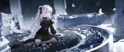 1girl absurdres ahoge bird black_boots black_dress blue_eyes boots closed_mouth dress flower highres hitomi_(tongshou) long_hair long_sleeves original ruins short_dress solo two_side_up very_long_hair white_bird white_hair 