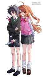  1boy 1girl :d ahoge artist_name bags_under_eyes bandaid bandaid_on_leg black_jacket black_shoes black_shorts black_skirt blush bow bowtie brown_shoes bruise bruise_on_knee bruise_on_leg cappu_ch1 collared_shirt commentary commission crossed_bangs cuts degrees_of_lewdity double-parted_bangs full_body gauze gauze_on_cheek gloves green_necktie green_sweater_vest hair_between_eyes hair_intakes hand_on_own_arm hand_up highres holding holding_knife hood hood_down hooded_jacket injury jacket kitchen_knife knife kylar_(degrees_of_lewdity) kylar_(male)_(degrees_of_lewdity) letterman_jacket loafers long_hair long_sleeves looking_at_viewer loose_socks miniskirt necktie oc_x_canon orange_hair original parted_bangs pink_bow pink_bowtie pink_gloves pink_jacket player_character_(degrees_of_lewdity) player_character_(female)_(degrees_of_lewdity) pleated_skirt raised_inner_eyebrows sanpaku shirt shoes short_hair shorts skirt smile socks standing sweater_vest two_side_up untucked_shirt v very_long_hair white_shirt white_socks 