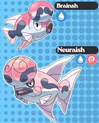  blue_background character_name colored_skin evolutionary_line fakemon fish grey_skin highres looking_at_viewer mathneves012 multicolored_skin no_humans open_mouth original outline pink_skin pokemon pokemon_(creature) polka_dot polka_dot_background sugimori_ken_(style) two-tone_skin white_outline 