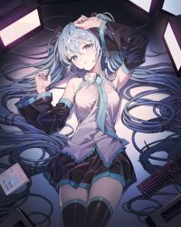  1girl absurdres aqua_eyes aqua_hair aqua_nails aqua_trim arm_up armpits azit_(down) black_skirt black_sleeves black_thighhighs breast_pocket breasts cable_hair collared_shirt commentary crossed_bangs detached_sleeves frilled_shirt frills grey_shirt hair_between_eyes hair_ornament hair_spread_out hand_up hatsune_miku headset highres long_hair long_sleeves looking_at_viewer lying medium_breasts microphone miniskirt nail_polish necktie on_back pleated_skirt pocket shirt sidelocks skirt sleeveless sleeveless_shirt solo thigh-highs twintails untucked_shirt very_long_hair vocaloid wide_sleeves zettai_ryouiki 
