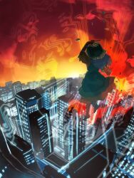  1girl animal_realm_(touhou) apron arm_up blue_hair building city commentary_request dress facing_away floating from_behind full_body green_apron green_headscarf haniyasushin_keiki headscarf highres holding_tool kaigen_1025 long_hair midair outdoors red_sky sky skyscraper solo touhou yellow_dress 