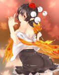  ass bare_shoulders belt black_hair breasts dango_ya fan hat looking_at_viewer looking_back no_bra off_shoulder open_clothes open_shirt pointy_ears red_eyes shameimaru_aya short_hair skirt smile solo tokin_hat touhou 