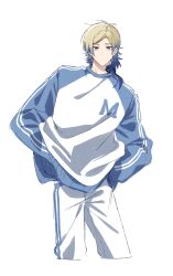  1boy alternate_costume blonde_hair blue_eyes blue_lock blue_tattoo closed_mouth cropped_legs dot_mouth dot_nose gradient_hair highres looking_at_viewer male_focus michael_kaiser multicolored_hair nannnann4321 neck_tattoo pants short_hair short_hair_with_long_locks simple_background solo straight-on tattoo two-tone_hair white_background white_pants 