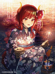  1girl basket black_choker choker commentary_request company_name copyright_notice dola_(5th_costume)_(nijisanji) dola_(nijisanji) dragon_girl dragon_horns dragon_tail ear_piercing fangs fireworks floral_print floral_print_kimono flower gradient_horns gradient_tail hair_flower hair_ornament holding holding_fireworks horns japanese_clothes jewelry kimono long_hair long_sleeves looking_at_viewer multicolored_horns necklace night nijisanji obi official_art open_mouth orange_horns orange_tail piercing print_kimono red_eyes red_horns red_tail river sample_watermark sash solo squatting tail tarutaru_yamaoka virtual_youtuber watermark wide_sleeves yukata 