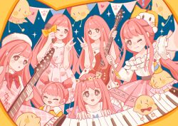  6+girls :< :o absurdres ahoge animal animal_on_head baby_animal band_(music) bare_arms bare_shoulders bass_guitar belt beret bird black_belt black_ribbon bloom_poetry_(shining_nikki) blouse blue_background blunt_ends blush_stickers border bow bowtie bra_strap bright_pupils brown_eyes brown_pupils butterfly_necklace cat cat_on_head center_frills chick child clapping cloak closed_mouth clothed_animal clothes_writing collared_shirt cowboy_shot cross-laced_clothes cross-laced_dress dot_nose dress dress_ribbon drumsticks ear_covers floral_print food_print frilled_dress frilled_shirt frilled_shirt_collar frilled_skirt frilled_sleeves frills frown fruit_print fur_hat garland_(decoration) gifty_(nikki) guitar hair_bobbles hair_ornament hair_ribbon hair_tie happy hat head_wreath heart high_collar highres holding holding_drumsticks holding_microphone hood hooded_cloak infinity_nikki instrument jingyanyan long_hair long_sidelocks long_sleeves low_twintails medium_dress medium_skirt microphone miracle_nikki momo_(nikki) multiple_girls multiple_persona musical_note nikki_(nikki) nikki_(series) nikki_up2u nikki_up2u2:_world_traveller off-shoulder_shirt off_shoulder on_head one_eye_closed open_mouth outstretched_arm paw_print perfect_start_(infinity_nikki) pinafore_dress pink_dress pink_hair pink_shirt pink_skirt playing_guitar playing_instrument playing_piano pleated_skirt print_dress print_shirt puffy_long_sleeves puffy_sleeves purple_sleeves red_bow red_bowtie red_ribbon ribbon ribbon-trimmed_shirt ribbon_trim rose_print sailor_collar selfie shining_nikki shirt short_hair short_sleeves short_twintails sidelocks skirt skirt_set sleeveless sleeveless_dress sleeveless_shirt smile snowflake_print solid_oval_eyes sparkle spring_waltz_(nikki) standing strapless strapless_dress strawberry_print tareme time_paradox tress_ribbon twintails v very_long_hair whiskers white_cat white_dress white_hat white_sailor_collar white_shirt yellow_border yellow_bow yellow_cloak yellow_dress young_nikki_(shining_nikki) 