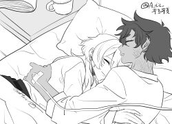  2girls absurdres blush closed_eyes closed_mouth coffee_mug commentary_request cuddling cup drooling greyscale gundam gundam_suisei_no_majo highres intravenous_drip korean_commentary miorine_rembran monochrome mug multiple_girls on_bed parted_lips pillow scar scar_on_face scar_on_neck sflake_song short_hair sleeping smile suletta_mercury thick_eyebrows yuri 