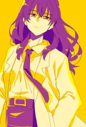  1girl bags_under_eyes belt black_necktie brown_eyes brown_hair closed_mouth collared_shirt commentary_request dress_shirt hands_in_pockets highres kiyama_harumi lab_coat limited_palette long_hair mature_female necktie pencil_skirt saturated_background shirt skirt solo toaru_kagaku_no_railgun toaru_majutsu_no_index uogashi_sorato 