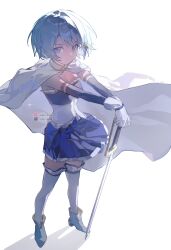  1girl artist_name bilibili_logo blue_eyes blue_hair blue_skirt cape chinese_commentary closed_mouth commentary_request fortissimo from_above geezhii gloves hair_ornament hand_on_weapon highres looking_at_viewer magical_girl mahou_shoujo_madoka_magica mahou_shoujo_madoka_magica_(anime) mahou_shoujo_madoka_magica_movie_1_&amp;_2 miki_sayaka miki_sayaka_(magical_girl) musical_note musical_note_hair_ornament short_hair simple_background skirt solo strapless sword thigh-highs twitter_x_logo weapon white_background white_cape white_gloves white_thighhighs 