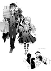  2boys 2girls akutagawa_gin akutagawa_ryuunosuke_(bungou_stray_dogs) box brother_and_sister bungou_stray_dogs chibi child cup dress elise_(bungou_stray_dogs) greyscale hat head_rest highres holding holding_box long_hair monochrome multiple_boys multiple_girls multiple_views nakahara_chuuya_(bungou_stray_dogs) nikoeqo notice_lines pantyhose siblings simple_background striped_clothes striped_pantyhose vest waving 