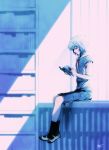  ayanami_rei black_legwear blue blue_hair blurry book bookshelf crossed_legs depth_of_field highres kobayashi_yuji kobayashi_yuuji legs_crossed mary_janes neon_genesis_evangelion profile reading red_eyes ribbon school_uniform shoes short_hair signature sitting solo sunlight uwabaki 