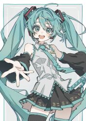  1girl aqua_eyes aqua_hair black_skirt black_thighhighs blue_necktie feet_out_of_frame hair_intakes hatsune_miku highres long_hair microphone necktie open_mouth sanye_mitsuyo simple_background skirt solo standing thigh-highs twintails vest vocaloid 