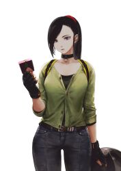  1girl absurdres backpack bag belt belt_buckle black_choker black_gloves black_hair black_pants black_shirt breasts brown_belt buckle cardigan casual chocolate choker collarbone commentary_request contemporary cowboy_shot denim dragon_quest dragon_quest_xi ear_piercing eyelashes fingerless_gloves gloves green_cardigan hair_ornament hair_ribbon hand_up highres jeans jun_(navigavi) korean_commentary lips long_hair looking_at_viewer lower_teeth_only martina_(dq11) medium_breasts nose open_mouth orange_trim pants partially_unbuttoned piercing ponytail red_ribbon ribbon shirt simple_background solo standing teeth violet_eyes white_background yellow_bag 