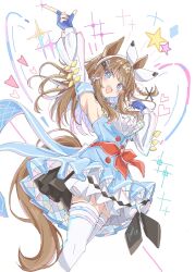  +_+ 1girl akure1129 almond_eye_(the_changer)_(umamusume) almond_eye_(umamusume) animal_ears arm_up armpits blue_eyes blue_gloves blush bow_hairband braid braided_sidelocks breasts brown_hair buttons colored_inner_hair detached_sleeves double-breasted dress fingerless_gloves gloves hair_ornament hairband hairclip highres horse_ears horse_girl horse_tail long_hair looking_at_viewer medium_breasts multicolored_hair open_mouth sidelocks smile solo star_(symbol) symbol-shaped_pupils tail umamusume white_hairband x-shaped_pupils 