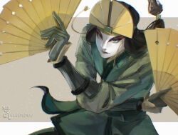  1girl absurdres armor artist_name avatar:_the_last_airbender avatar_legends black_gloves brown_hair closed_mouth facepaint folding_fan gloves green_eyes green_gloves hand_fan hat headpiece highres holding holding_weapon japanese_clothes kimono kyoshi_(avatar) long_hair long_sleeves looking_at_viewer red_facepaint red_lips signature simple_background sleemonkv solo upper_body weapon white_background white_facepaint 