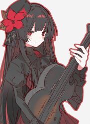  1girl ascot black_ascot black_hair black_hat black_skirt closed_mouth collared_dress commentary_request dress flower frilled_sleeves frills gothic_lolita guitar hair_flower hair_ornament hat hat_flower highres holding holding_guitar holding_instrument instrument juliet_sleeves karaoke_manekineko kotori_(fofjv56) lolita_fashion long_hair long_sleeves looking_at_viewer mahou_shoujo_no_majo_saiban nikaido_hiro official_alternate_costume outline puffy_sleeves red_dress red_eyes red_flower red_outline simple_background skirt solo white_background wide_sleeves 