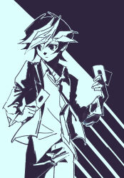  1boy black_background black_eyes black_hair black_jacket card colored_bangs dress_shirt facing_to_the_side fujiki_yusaku highres holding holding_card jacket looking_back looking_to_the_side loose_necktie male_focus monochrome necktie novale110 open_clothes open_jacket pants partially_unbuttoned school_uniform shirt spiky_hair turning_head two-tone_background untucked_shirt white_background white_necktie white_pants white_shirt yu-gi-oh! yu-gi-oh!_vrains 
