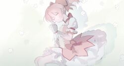 1girl bilibili_logo bilibili_username bow bow_choker chinese_commentary choker closed_eyes commentary_request crying dress flower from_side geezhii gloves hair_bow highres kaname_madoka kaname_madoka_(magical_girl) magical_girl mahou_shoujo_madoka_magica mahou_shoujo_madoka_magica_(anime) multicolored_dress own_hands_together pink_dress pink_hair praying puffy_short_sleeves puffy_sleeves short_sleeves solo twitter_username twitter_x_logo white_dress white_flower white_gloves