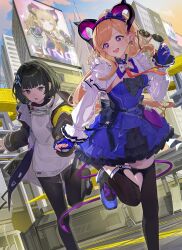  2girls absurdres arknights arknights:_endfield black_coat black_hair black_pantyhose black_thighhighs blonde_hair blue_dress blue_eyes blue_gloves breasts building city coat commentary_request curled_horns demon_girl demon_horns dress earrings endministrator_(arknights) female_endministrator_(arknights) gloves hairband heart heart_earrings highres holding holding_hands holding_removed_eyewear horns jewelry liino_(arknights) long_hair long_sleeves multicolored_hairband multicolored_horns multiple_girls nik_ibi no_mask open_clothes open_coat open_mouth outdoors pantyhose partially_fingerless_gloves pointy_ears purple_hairband purple_horns short_hair shrug_(clothing) sky skyscraper small_breasts star-shaped_pupils star_(symbol) sunglasses sweater symbol-shaped_pupils teeth thigh-highs two-tone_hairband two-tone_horns unworn_eyewear upper_teeth_only violet_eyes white_shrug white_sweater 