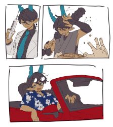  1boy 1other absurdres aqua_eyes aqua_horns aqua_necktie black_shirt border braid braided_ponytail bridal_gauntlets car club_(weapon) collared_shirt dark-skinned_male dark_skin driving earrings eyewear_on_head floating_earrings hair_between_eyes hawaiian_shirt highres holding holding_weapon horns ice_god_(jimini_shijimi) jewelry jimini_shijimi kanabou lab_coat long_hair long_sleeves looking_at_viewer motor_vehicle multiple_views necktie original out_of_frame pointy_ears shirt short_eyebrows sleeveless spiked_club weapon white_background white_border 