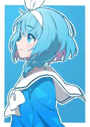  1girl absurdres ajim-san_(ajim74728885) arm_at_side arona_(blue_archive) blue_archive blue_background blue_eyes blue_hair blue_pupils blue_shirt blue_theme border bow bow_hairband bowtie braid bright_pupils choker closed_mouth colored_inner_hair commentary english_commentary eyes_visible_through_hair from_side hairband highres long_sleeves looking_ahead missing_halo multicolored_hair outline outside_border pink_hair puffy_long_sleeves puffy_sleeves sailor_collar school_uniform serafuku shirt short_hair single_braid smile solo streaked_hair two-tone_hair upper_body white_border white_bow white_bowtie white_choker white_hairband white_outline white_sailor_collar 