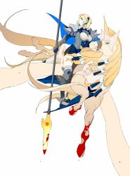  1girl armor blonde_hair blood blood_drip blood_drop blood_on_leg blood_on_weapon blue_eyes boots braid braided_ponytail breastplate cape chinese_commentary closed_mouth fire_emblem fire_emblem:_three_houses flying gloves green_eyes green_ribbon hair_ribbon highres holding holding_polearm holding_weapon horseback_riding ingrid_brandl_galatea ingrid_brandl_galatea_(timeskip) mane pauldrons pegasus polearm ribbon riding short_hair shoulder_armor simple_background solid_eyes solo stirrups_(riding) thigh_boots vambraces weapon whaaa000 wings 
