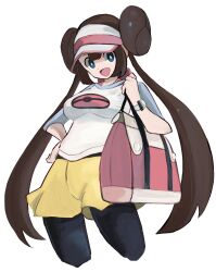  1girl bag blue_eyes brown_hair donut_hair_bun hair_bun handbag highres open_mouth pantyhose pantyhose_under_shorts pink_bag poke_ball_print pokemon pokemon_black_2_and_white_2 rosa_(pokemon) shirt shorts simple_background solo tikuwabu_33 twintails visor_cap white_background yellow_shorts 