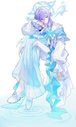  1boy absurdres aqua_eyes blue_gem blue_halo blue_pants blue_sash blue_streaks bow brooch commentary_request creature crossed_bangs crossed_legs facing_viewer floating flower_brooch frilled_jacket frills full_body gem hair_between_eyes halo halo_behind_head head_rest highres hoshirube_sho invisible_chair jacket jewelry long_hair long_sleeves male_focus multicolored_hair necklace nijisanji off-shoulder_jacket off_shoulder official_alternate_costume otomo_(hoshirube_sho) pants pleated_pants pleated_sleeves porota_rep510 puffy_long_sleeves puffy_sleeves purple_hair ring ripples sash shirt shoes sideways_glance simple_background sitting sleeves_past_wrists smile solo streaked_hair teardrop_necklace two-tone_pants very_long_hair virtual_youtuber waist_sash water white_background white_bow white_jacket white_pants white_shirt white_shoes 