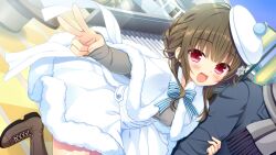  1boy 1girl :d amagamine_renna arm_hug back_bow bench blue_bow blue_bowtie blue_coat boots bow bowtie braid brown_boots brown_hair capelet coat day dutch_angle foot_up_heel_up fur-trimmed_capelet fur-trimmed_skirt fur_trim game_asset grey_scarf grey_shirt hair_ornament hand_up hat high-waist_skirt lace-up_boots lapels long_sleeves looking_at_viewer non-web_source open_mouth outdoors outstretched_arm red_eyes ren'ai_x_royale scarf self-datamine shirt short_hair side-by-side skirt sky sleeves_past_wrists smile snowflake_hair_ornament stairs v white_bow white_capelet white_hat white_skirt yuuki_rika 