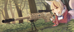  1girl absurdres animal_ear_fluff animal_ears blonde_hair brown_streaks commentary_request commission finger_on_trigger fingerless_gloves fire_emblem fire_emblem_fates forest fur_trim gloves gun hair_ornament highres kiukoma multicolored_hair nature rifle scope selkie_(fire_emblem) skeb_commission streaked_hair tail tassel tassel_hair_ornament tree weapon white_gloves yellow_eyes 