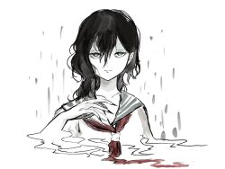  1girl ascot asymmetrical_hair black_hair commentary_request expressionless green_eyes green_sailor_collar highres long_hair melting missing_headwear mitsusame murasa_minamitsu partially_submerged rain red_ascot sailor_collar shirt solo straight-on touhou water water_drop white_background white_shirt 