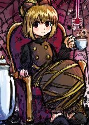  1girl armchair blonde_hair chair choppy_bangs commentary_request cup dade_ne full_body hair_bun highres holding holding_cup looking_at_viewer medium_hair on_chair one-hour_drawing_challenge silk solo spider_web teacup touhou 