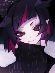  1boy black_background black_coat black_eyeliner black_eyeshadow black_hair black_hat black_sweater coat colored_inner_hair commentary_request diagonal_bangs eyeliner eyeshadow fur-trimmed_coat fur_trim hat head_tilt highres lilia_vanrouge lilia_vanrouge_(nightmare_courier) looking_at_viewer lost_in_the_book_with_tim_burton's_the_nightmare_before_christmas makeup multicolored_hair nemu_runa pointy_ears red_eyes red_hair short_hair sidelocks smile streaked_hair sweater trap turtle turtleneck turtleneck_sweater twisted_wonderland 
