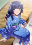  aoki_reika blue_eyes blue_hair blush highres japanese_clothes kimono long_hair looking_at_viewer precure sitting smile smile_precure! solo utamaro veranda 